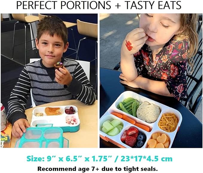 kinsho Bento Box for Kids, Lunch Boxes Snack Containers with 6 Compartments for School, Boy Girl Adults Leakproof BPA Free Teal + Orange 2 pack set