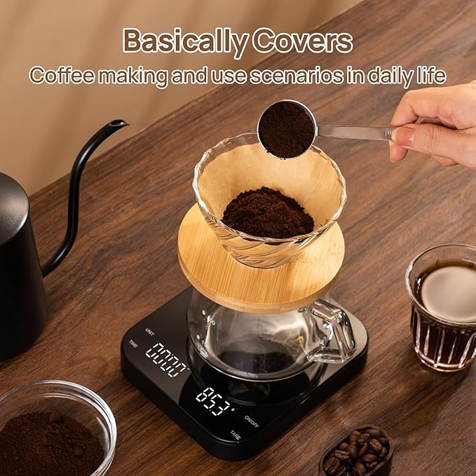 Coffee Scale with Timer,3KG/0.1g Accuracy Precise Measurement,Four-Button Independent Control,Type-C Charger,Easy-to-Operate Digital Coffee Weight Scale for Pour Over Café-Black