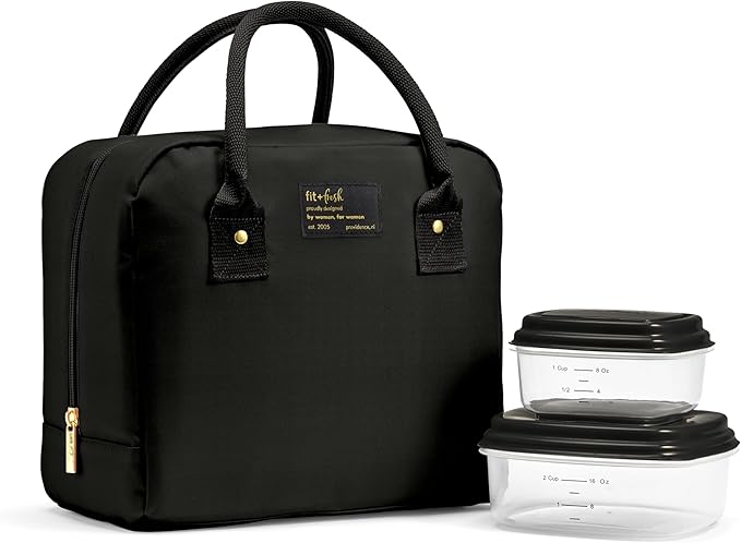 Fit & Fresh Lunch Bag For Women, Insulated Womens Lunch Bag For Work, Leakproof & Stain-Resistant Large Lunch Box For Women With Containers, Zipper Closure Bloomington Bag, Black
