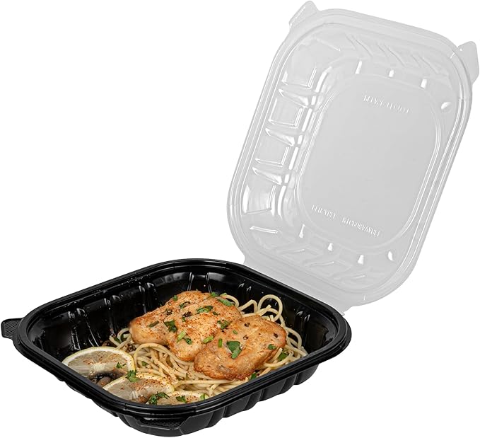 Restaurantware Thermo Tek 40 Ounce Clamshell Containers, 50 Disposable Take Out Boxes - Ventilated Lids, Microwavable, Black Plastic Meal Prep Containers, For Pastas, Salads, Or Sandwiches