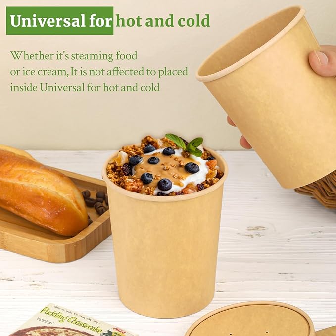 32 Oz Compostable Paper Soup Cups, 25 Pack Kraft Heavy Duty Cups, Disposable Paper Soup Containers with Vented Lids, Microwave Safe Party Cups, Eco Friendly Alternative to Plastic Containers