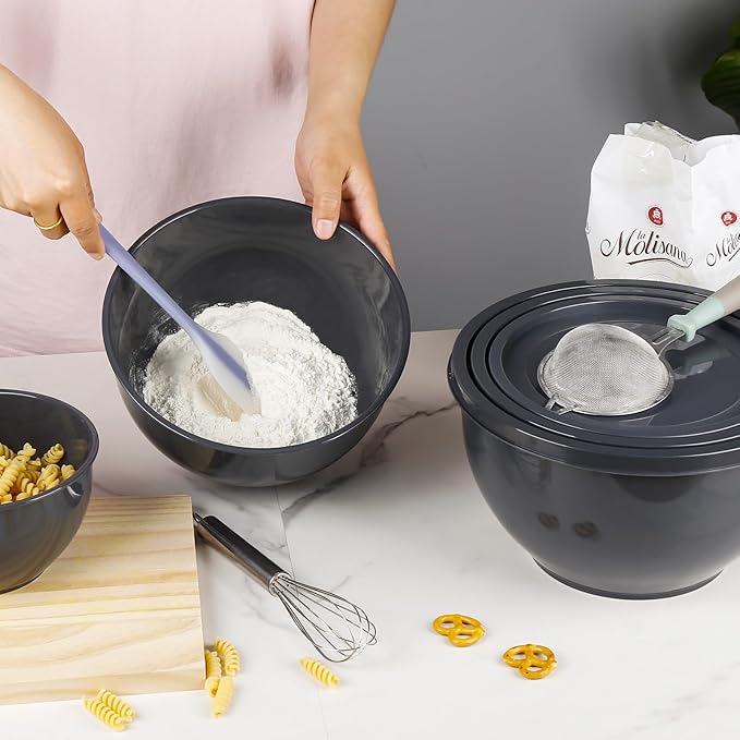 5-Piece Plastic Mixing Bowls with Lids Set for Kitchen, Nesting Bowls for Mixing, Baking, Prepping, Cooking and Serving Food, Grey Mixing Bowls Dishwasher, Microwave Safe