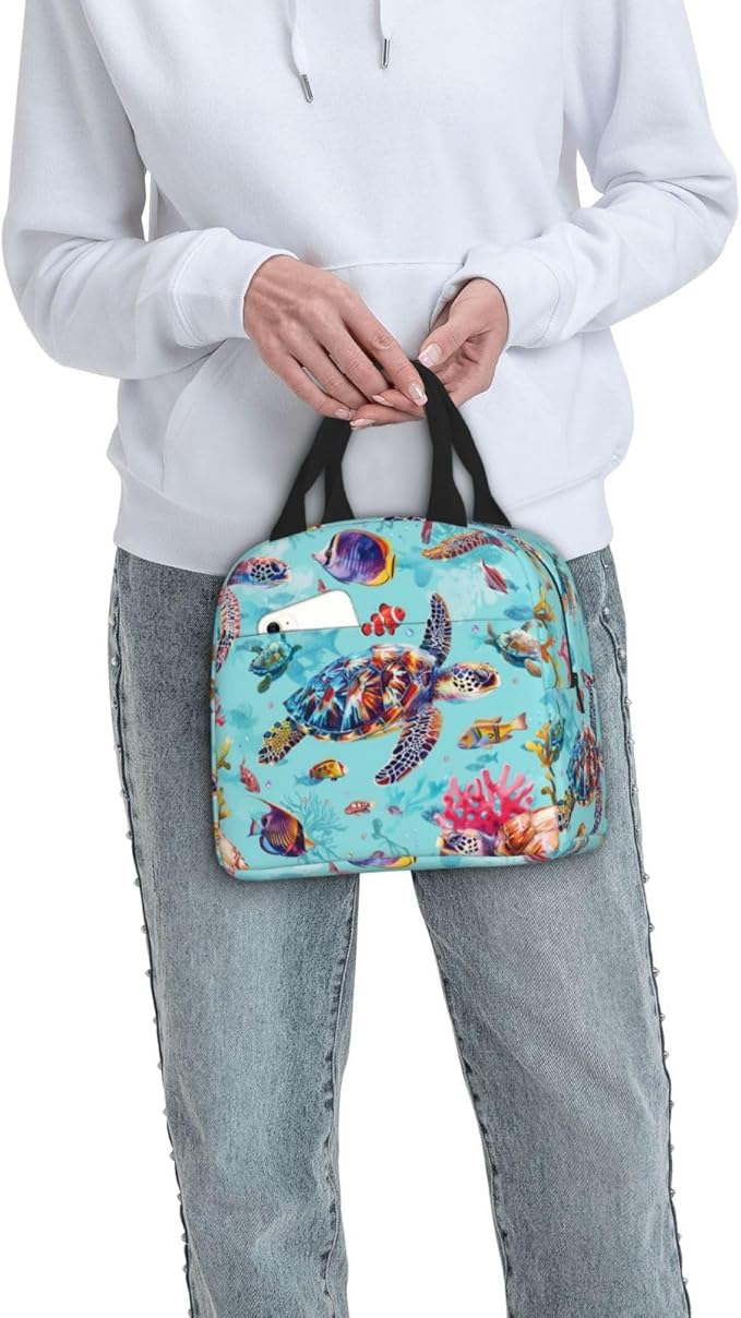 Blue Ocean Insulated Lunch Bag for Women Men Reusable Cooler Nautical Lunch Tote Bag with Front Pocket for Hiking Picnic Travel Office