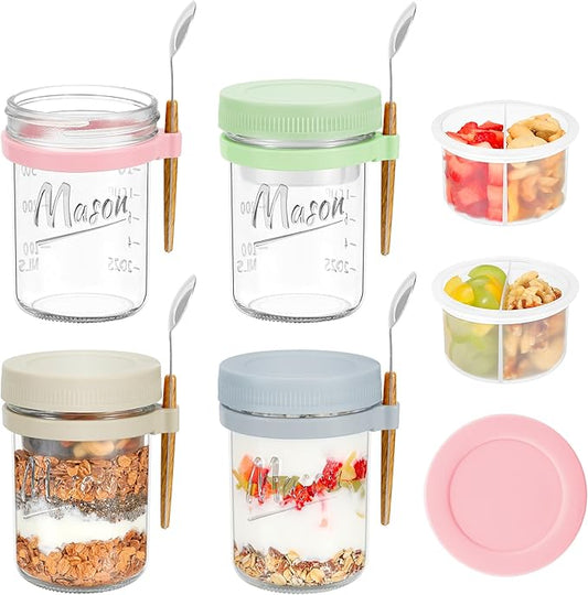 4 Pack Overnight Oats Containers with Lids and Spoons, 16 oz Mason Jars with Removable Separate Compartments, Airtight and Leak-Proof Glass Jars for Chia Pudding, Yogurt, and Oatmeal