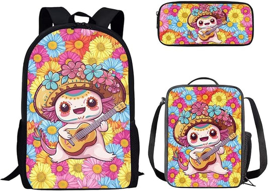 Dolyues Colorful Flower Axolotl Girls' Cute Backpack Set with Insulated Lunch Box & Pencil Case - Perfect for Kindergarten, Elementary & Middle School