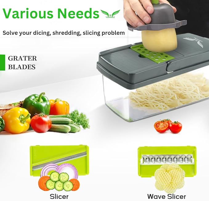 Vegetable Chopper, Pro Onion Chopper, Multifunctional 16 in 1 Food Chopper, Kitchen Vegetable Slicer Dicer Cutter, Veggie Chopper With interchangeable Blades, Food Chopper With Conteiner (Grey/Geen)