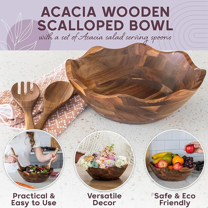 Wood Salad Bowl with Serving Utensils - Large Scalloped Decorative 12" Acacia Wooden Mixing Bowls Set with Spoons - Handcrafted Farmhouse Kitchen Serveware for Fruit, Pasta, Snacks and Home Decor
