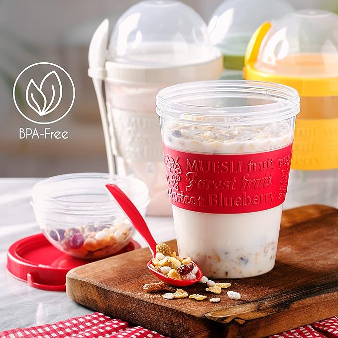 Crystalia Yogurt Parfait Cups with Lids, BPA FREE Reusable Yogurt Containers with Lids and Spoons, Take and Go Yogurt Cup with Topping Cereal or Oatmeal Container, Colorful Set of 4 (Large 20 oz)
