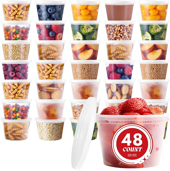48 Sets Deli Containers with Lids,16oz Plastic Food Storage Containers,Leakproof Soup Container with Airtight Lids,Freezer Storage Container for Soup,Stackable,Dishwasher,Microwave Safe
