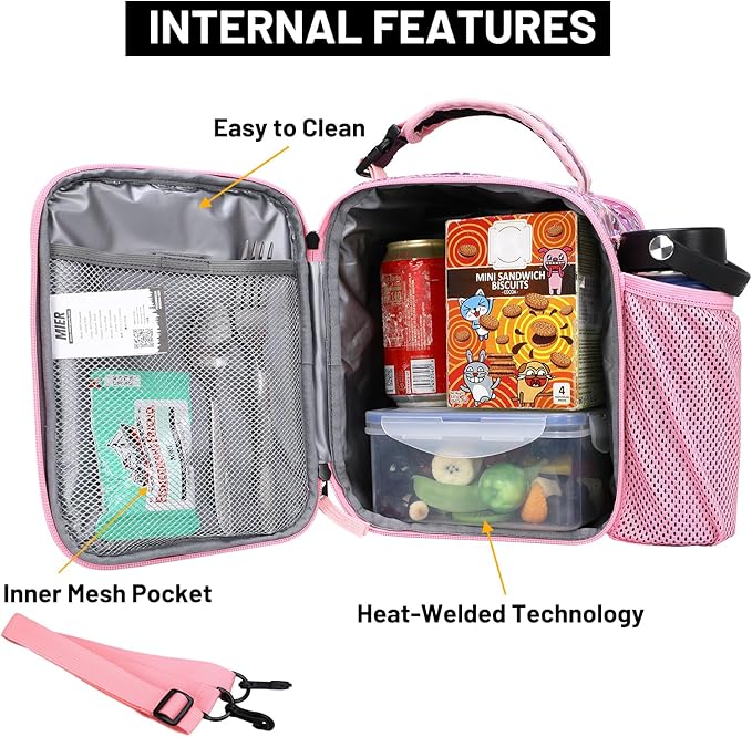 MIER Expandable Lunch Bag Insulated Lunch Box for Teen Girls Women to School Work Travel Portable Lunchbox Bags with Shoulder Strap and Water Bottle Holder(Pink)