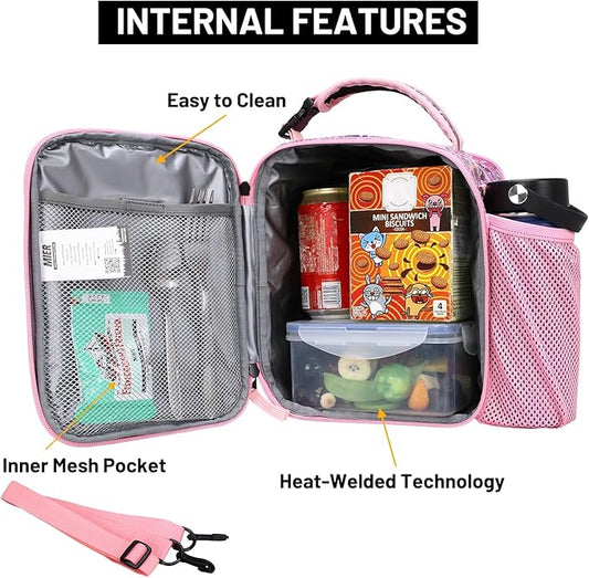 MIER Expandable Lunch Bag Insulated Lunch Box for Teen Girls Women to School Work Travel Portable Lunchbox Bags with Shoulder Strap and Water Bottle Holder(Pink)