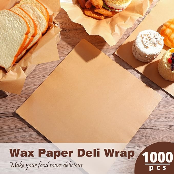 1000 Sheets Wax Deli Paper Sheets for Food 12 x 12 Inch Checkered Dry Waxed Deli Basket Liners for Sandwich Wrapping, Food Basket Liners, Picnic party(Kraft)