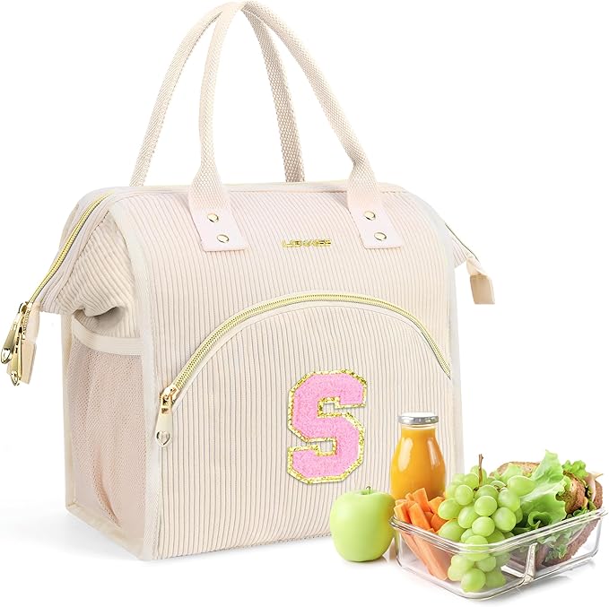 Personalized Initials Lunch Box for Women& Men, Preppy Reusable 10 L Insulated Lunch Bag, Leakproof Large Sdults lunch tote Cooler Bags Insulated for Beach,Travel,Work, Picnic-Birthday Gifts（Beige S）