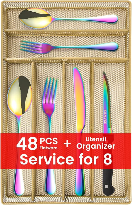 Rainbow Silverware with Organizer, 48 pcs Colorful Flatware for 8, Sleek Cutlery with Tray, Stainless Steel Utensil, Iridescent Fork Spoon Knife for Home & Kitchen Restaurant
