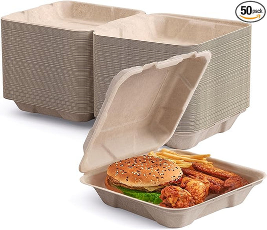 ECOLipak 50 Pack Clamshell To Go Containers, 100% Compostable Disposable Take Out Food Containers, 8X8 inch Heavy-Duty To Go Boxes, Eco-Friendly Biodegradable Take Out Containers For Food