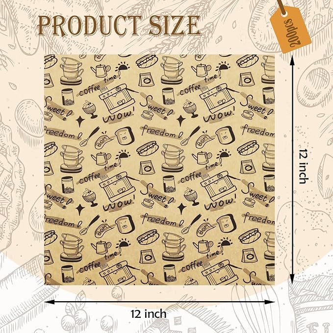 OTOPETE 200Pcs Food Paper Sheets, 12"x12" Grease Resistant Food Wrapper Paper, Coffee Theme Hamburger Sandwich Basket Liner, Tray Liner, for Home Kitchen Baking, Picnic, Party, Kraft Paper