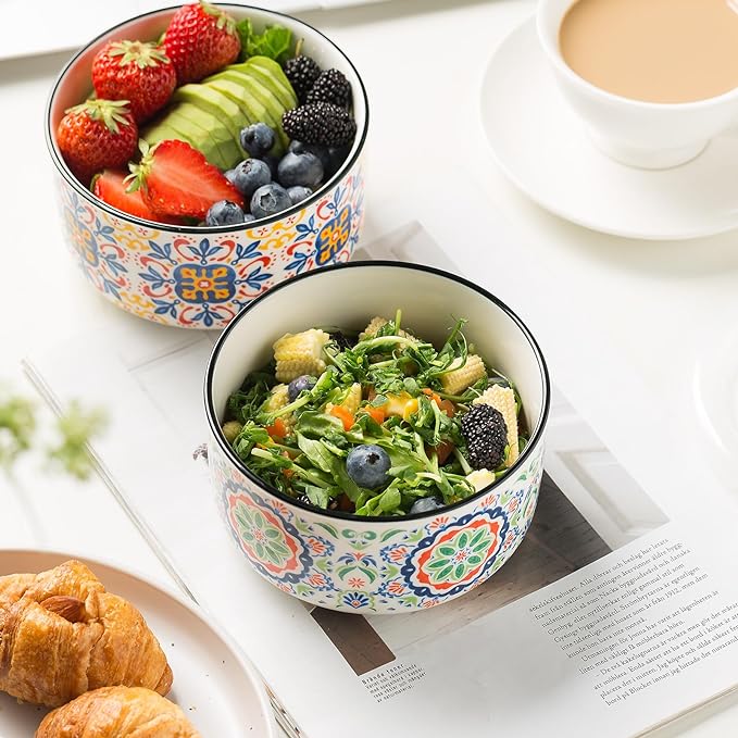 Ceramic Bowl with Lid: Microwave Safe Soup Containers Set of 4 for Meal Prep, Cereal, Salad, Picnic, Camping, Office Lunch, Kitchen Food Storage - 5 Inch, 20 oz, Design B