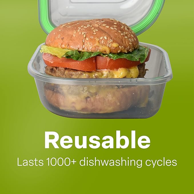 Bun Sized To-Go Compartment Container, 5-1/2" X 5-1/2" X 3-1/2" Reusable, Microwave Safe, NSF Certified, Smoke/Green