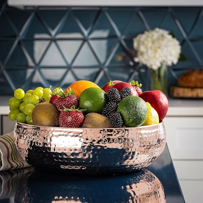 Copper Salad Bowl and Serving Utensils - Hammered Detailing - Stainless Steel Mixing Bowls with Lids- Luxurious Serving Bowls (12" Rose Gold Hammered Salad Bowl)