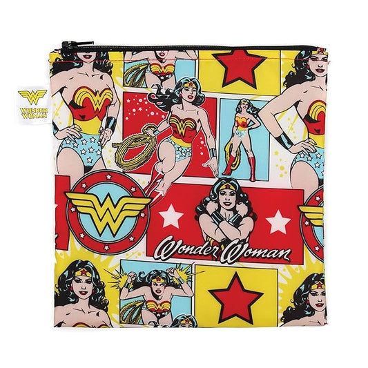 Bumkins Reusable Sandwich and Snack Bags, for Kids School Lunch and for Adults Portion, Washable Fabric, Waterproof Cloth Zip Bag, Travel Pouch, Food-Safe Storage, Large, DC Comics Wonder Woman
