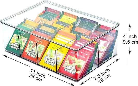 Youngever Large Plastic Tea Packet Organizer with Lids, Reusable Food Packet Storage Container Divided into 8 Compartments, Tea Bags Storage Bin (11" x 7.5" x 4")