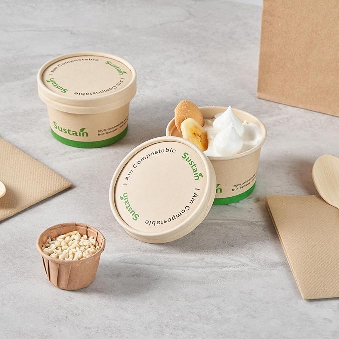 LIDS ONLY: Sustain Round Paper Soup Container Lids, 200 Disposable Ice Cream Cup Lids - Cups Sold Separately, For 3 And 4 Ounce Cups, Bamboo To Go Cup Lids, PLA lining, Compostable - Restaurantware