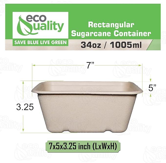 EcoQuality 34oz Disposable Bowls - Rectangular Compostable Sugarcane Fiber Biodegradable Paper Bowls Eco-Friendly Oblong Take Out Food Containers, Food Storage, Microwave Safe, Meal Prep (400 PACK)