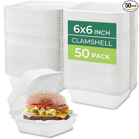 Freshware Clamshell Food Containers with Lids [6x6 50-Pack] Disposable To Go Containers, Biodegradable Sugarcane To Go Boxes - Paper Container - Microwave & Freezer Safe, Stackable