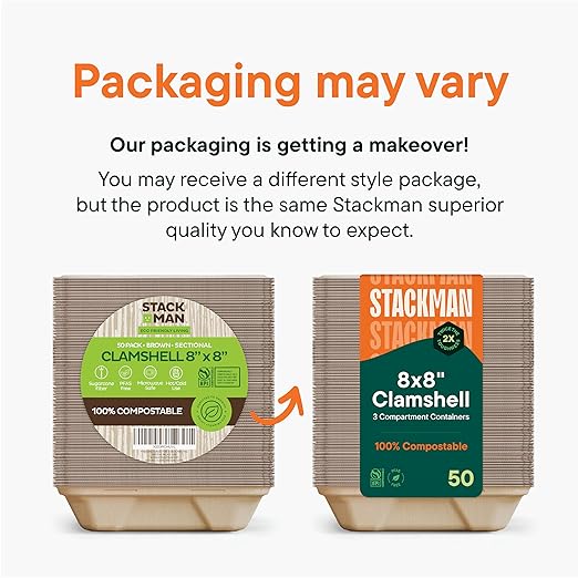 100% Compostable To Go Containers 9x9" 3-Compartment Clamshell Take Out Food Container with Hinged Lid - Disposable Togo Plates - Eco-Friendly Takeout Box Made of Sugar Cane Bagasse [50-Pack]
