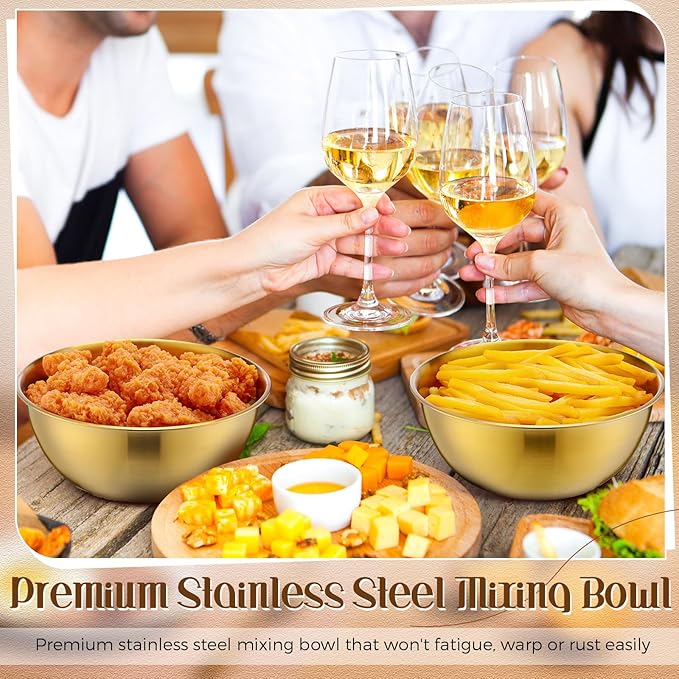 Nuogo 12 Pack 8.27 inches Gold Mixing Bowls with Airtight Lids Gold Serving Bowl Metal Salad Fruit Bowls Stainless Steel Soup Bowls Kitchen Accessories for Lunch Snack