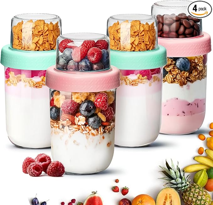 ComSaf 4-Pack 16 oz Overnight Oats Containers with Lids, Dual-Laryer Chia Pudding Jars with Dry and Wet Separation, Yogurt Parfait Cups for Oatmeal Cereal Nut Fruit, Meal Prep Glass Jars for Salad