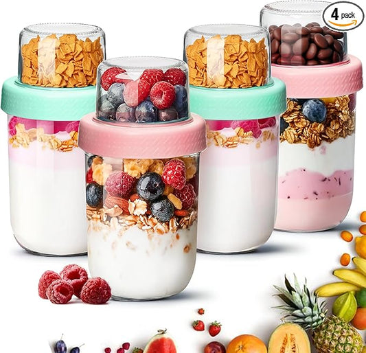 ComSaf 4-Pack 16 oz Overnight Oats Containers with Lids, Dual-Laryer Chia Pudding Jars with Dry and Wet Separation, Yogurt Parfait Cups for Oatmeal Cereal Nut Fruit, Meal Prep Glass Jars for Salad