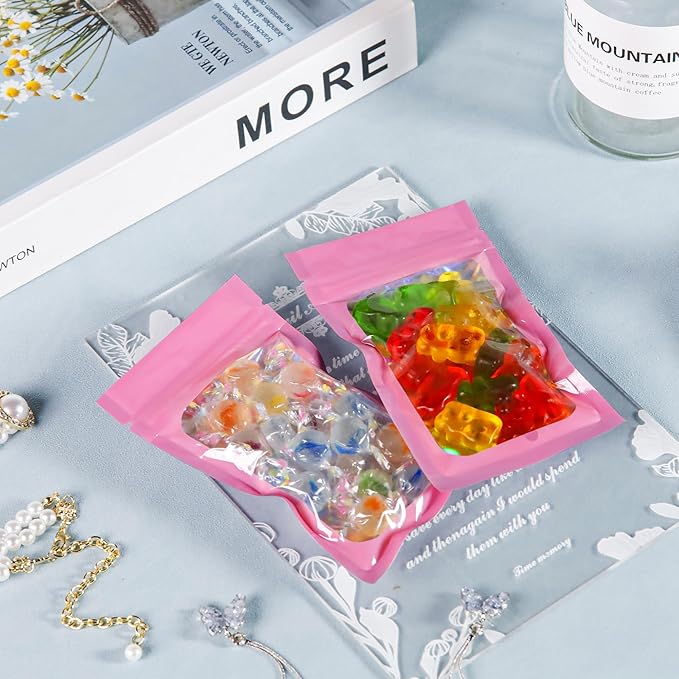 100 Pcs Holographic Bags Smell Proof Bags with Clear Window Packaging Bags for Food Storage Sealable Bags for Small Business(3×5Inch)