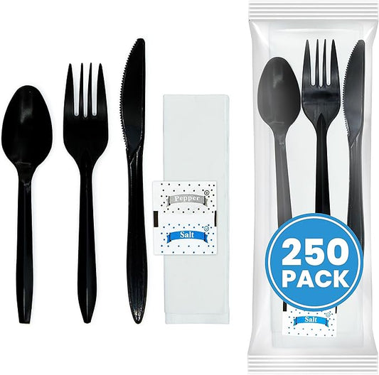 Individually Wrapped Plastic Cutlery Set with Napkin + Salt & Pepper Packets in Black (250 Count) Prewrapped Disposable Silverware Bags, Bulk Utensils: Fork, Knife, and Spoon for Togo Eating