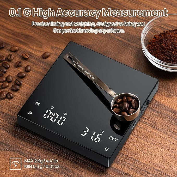 Mini Coffee Scale with Timer, 2kg/0.1g Accurate Espresso Scale, Long-Lasting Type-C Rechargeable Power, 0.59 Inches Thick for Espresso, Pour Over, Drip (Black) (1)