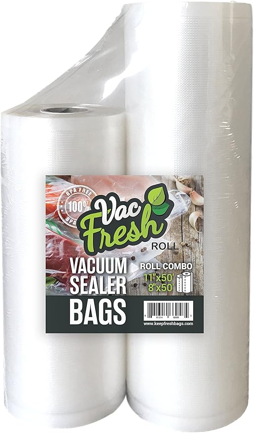 Vac Fresh Food Vacuum Sealer Rolls (8" x 50' & 11" x 50', 2 Rolls), 3.5mil VF811C Embossed Food Storage Bags, Vacuum Seal Bags for Meal Prep, Sous Vide Bags for Cooking (100 Feet)