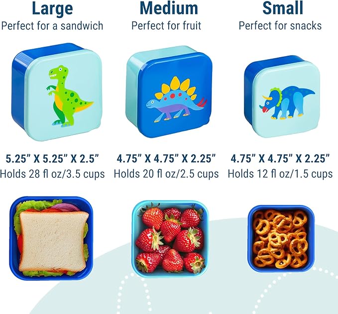 Wildkin Nesting Food Containers for Kids – Stackable, Airtight & Dishwasher Safe - Set of 3 - Dinosaur Land