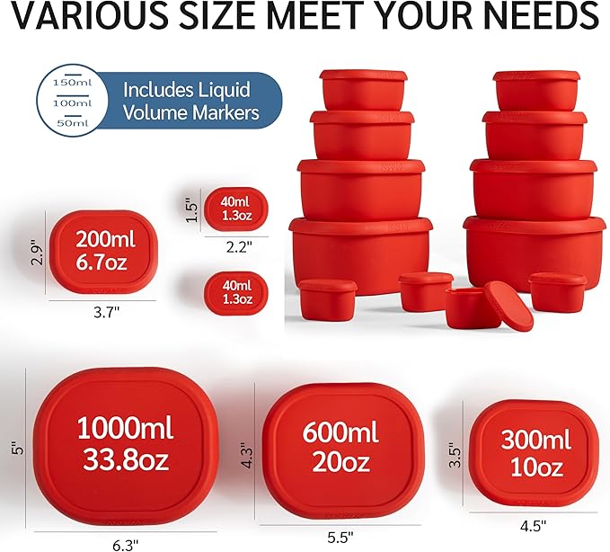 ISSEVE 12Pcs/Set Nesting Silicone Food Storage Containers with Lids, BPA Free Reusable Meal Prep Silicone Containers Airtight, Freezer Dishwasher Safe (33.8oz, 20oz, 10oz, 6.7oz, 1.3oz) (Red)