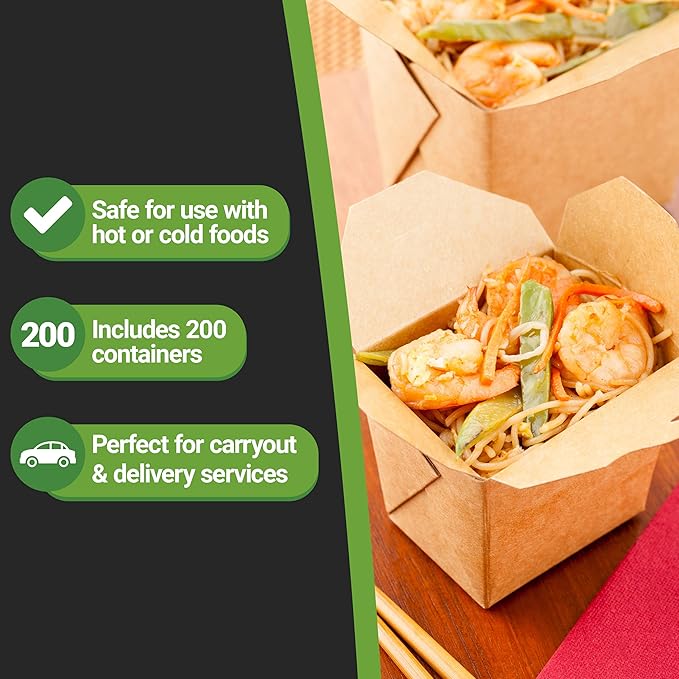 Restaurantware-8 Ounce Noodle Take Out Boxes, 200 Disposable Food To Go Boxes - Tab-Lock, Stackable, Kraft Paper Take Home Boxes, Greaseproof, For Restaurants, Catering, And Parties