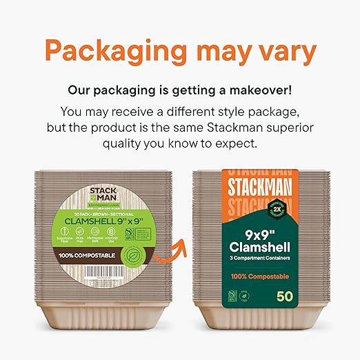[Bulk - 200-Count] 100% Compostable To Go Containers 9x9" 3-Compartment Clamshell Take Out Food Container with Hinged Lid - Disposable Togo Plates - Eco-Friendly Takeout Box Made of Sugar Cane Bagasse
