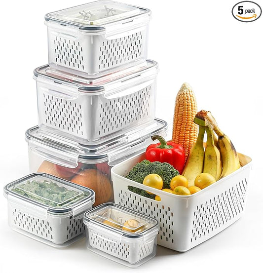 5 PCS Fruit Storage Containers for Fridge with Colanders Dishwasher Safe, Leakproof Fruit and Vegetable Storage BPA-Free Plastic, Produce Storage Keep Berry Fruit Veggie Meat Fresh