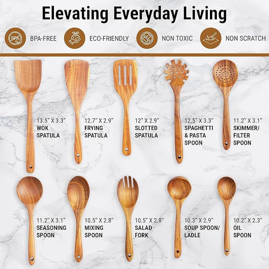 Premium Wooden Spoons for Cooking – 10 Pcs Wooden Utensils Set Teak Wooden Spatulas & Wooden Spoons for Nonstick Cookware – Heat Resistant, Lightweight & Durable