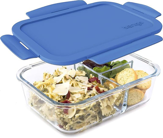 Bentgo Glass Lunch Box - Leak-Proof Bento-Style Food Container with Airtight Lid and Divided 3-Compartment Design - 5 Cup Capacity for Meal Prepping, and Portion-Controlled Meals for Adults (Blue)
