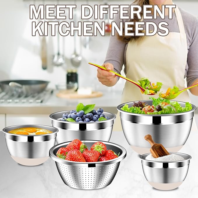 Stainles Steel Mixing Bowls with Lids Set, Stackable Metal Mixing Bowl with Strainer, 5-Piece - Beige
