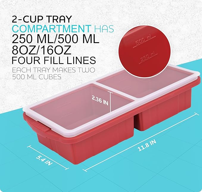 Silicone Freezer Tray With Lid-Soup Freezer Container molds-2-cup Extra Large Ice Cube Tray-makes 4 perfect 500ml portions cubes, For freezing soup,stews,sauces.Oven&Dishwasher-Safe(2-Pack)