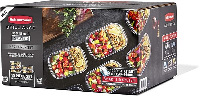 Rubbermaid Brilliance Meal Prep Containers, 2-Compartment Food Storage Containers, 2.85 Cup, 5-Pack, BPA-Free, Clear/Grey