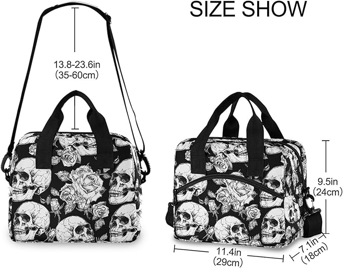 MNSRUU Insulated Lunch Bag Gothic Skulls and Flowers Women Men Fabric Dinner Tote Cooler Bag Reusable Leakproof Lunch Box with Adjustable Shoulder Handles Strap For Work School