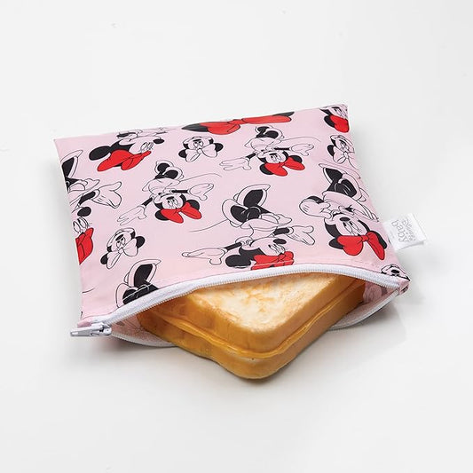 Bumkins Disney Reusable Sandwich and Snack Bags, for Kids School Lunch and for Adults Portion, Washable Fabric, Waterproof Cloth Zip Bag, Travel Pouch, Food-Safe, Large, Minnie Mouse Classic