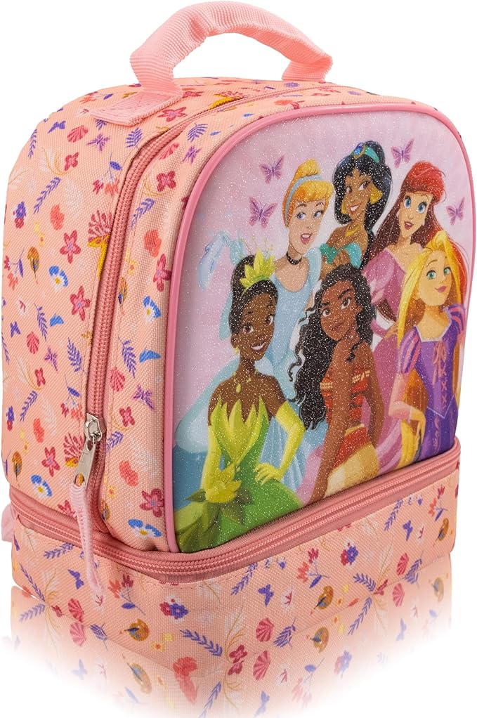 Fast Forward Disney Princess Lunch Box for Kids With Glitter | Insulated Lunch Bag Lunch Box for Girls, Boys, Unisex | Disney Princess Pink Reusable Lunchbox