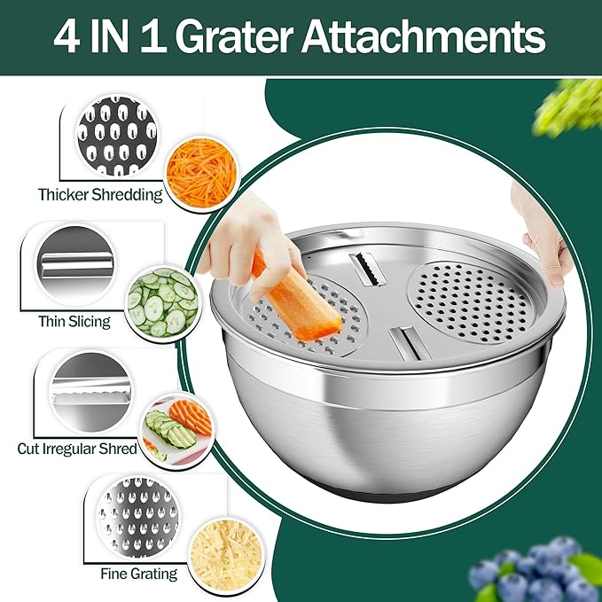 Mixing Bowls with Airtight Lids, Stainless Steel Mixing Bowl Set with 3 Metal Nesting Bowls, Colander & Grater, Non-Slip Bottoms, Size 1.5, 2.5, 6 QT, Great for Mixing & Serving, Black